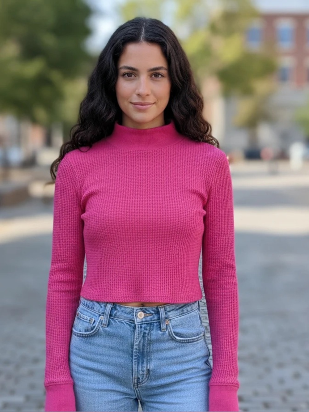 BDG Women’s Olive Green & Hot Pink Waffle, Mock Neck Crop Tops. Size Medium